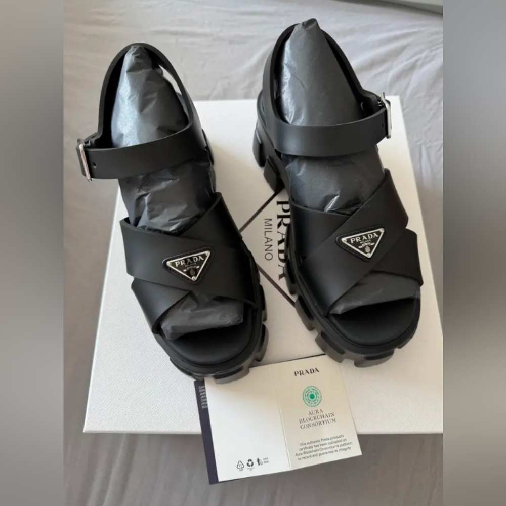 Prada Monolith black leather open toe sandal